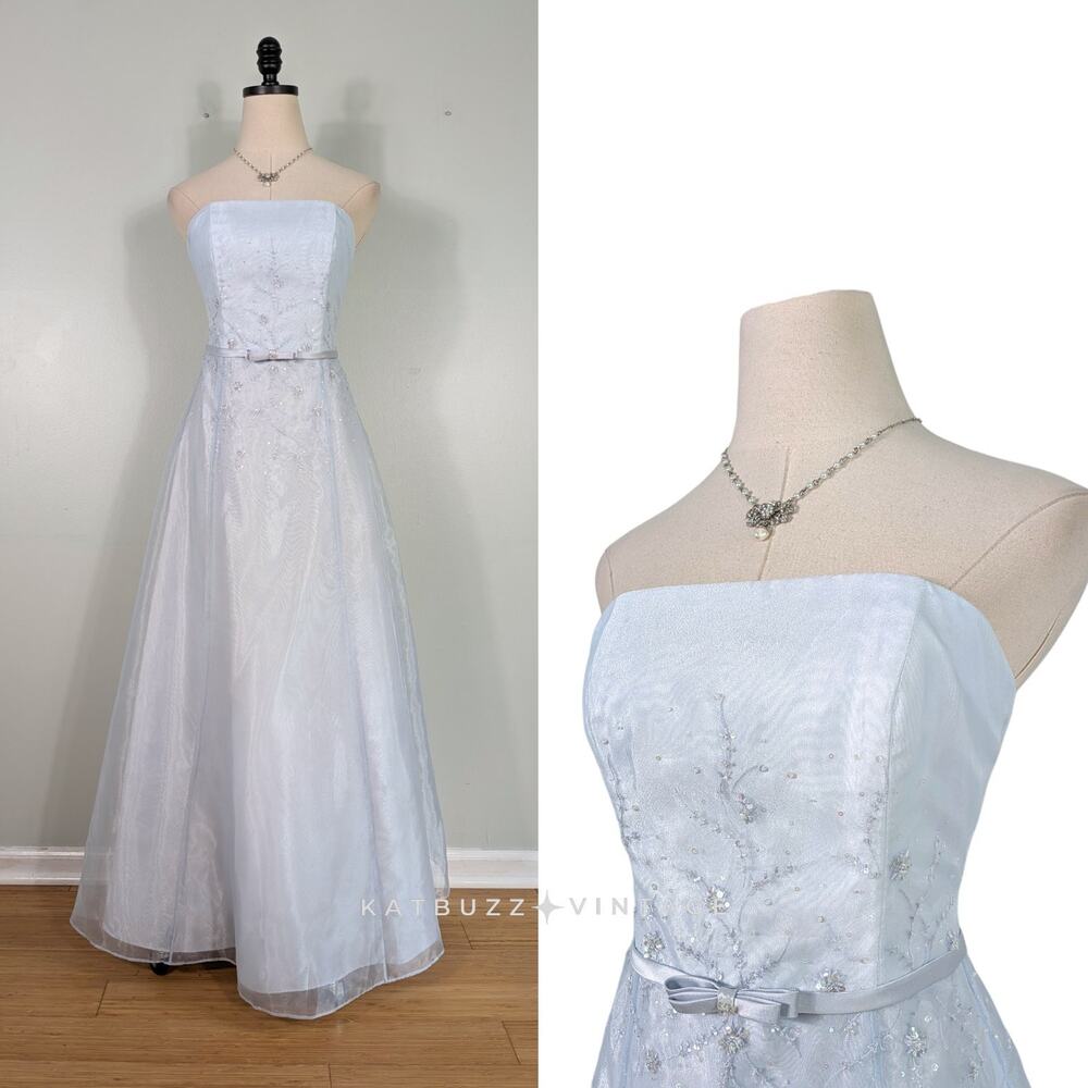 Y2K Davids Bridal Prom Dress Maxi Gown 4 Blue Floral Fairy Princess Pastel